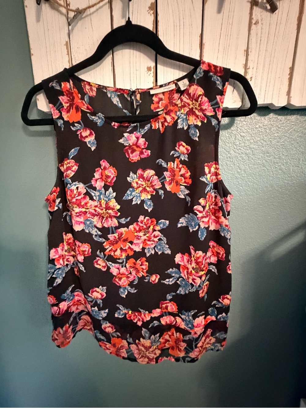 Halogen Black Floral Sleeveless Camisole with Pink & Coral Blooms